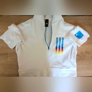 White crop top shirt Adidas colorful stripes athleisure